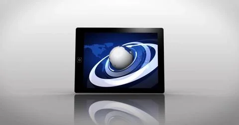 Displaying black tablet device showing white globe with blue rings on glossy Stock Illustration
