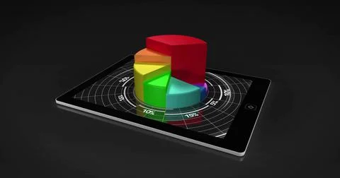 Displaying black tablet showing 3D multicolor pie chart in studio, with radar Illustrazione stock