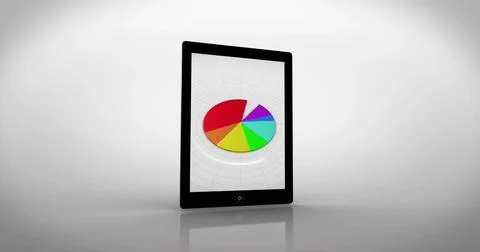 Displaying black tablet upright on glossy table in studio, showing pie chart, Stock Illustration