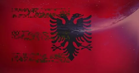 Displaying black two-headed eagle emblem crossing over red space field with m Stock Photos