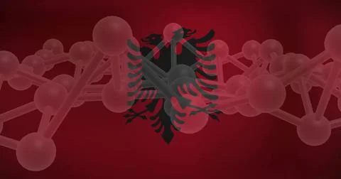 Displaying black two-headed eagle emblem sitting in digital banner, with faint Stock Photos