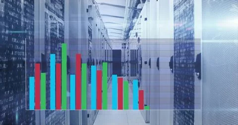 Displaying blinking LEDs and code on server rack corridor in data center with Stockfoto's