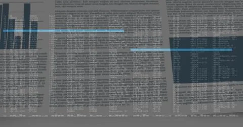 Displaying block of tabular data filling screen, showing text columns, dark Stock-Fotos