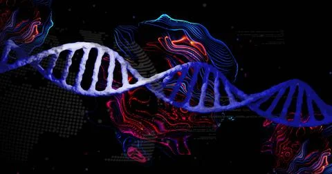 Displaying blue 3D DNA double helix tilting across dark digital art, with neon Stock Illustration