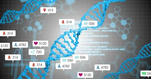 Displaying blue 3D DNA helix twisting over digital UI, showing badges, counte 스톡 일러스트