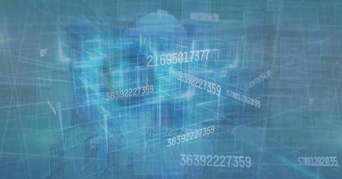 Displaying blue 3D prism network in virtual data space, with numeric labels and 스톡 사진
