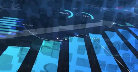 Displaying blue 3D vertical bars with line graph and data points in virtual Stock Photos