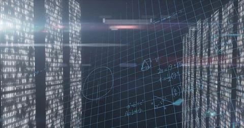 Displaying blue 3D wireframe grid overlaying data corridor with binary panels Stock Photos