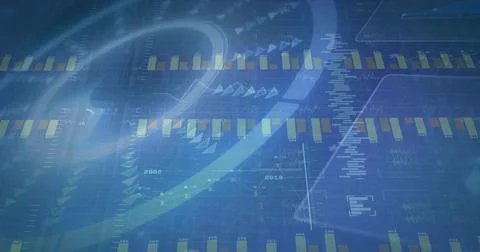 Displaying blue analytics panel filling screen, showing gridlines, line graphs, Illustrazione stock