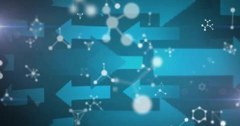 Displaying blue arrows pointing left in digital interface, with molecular ico Stock Photos