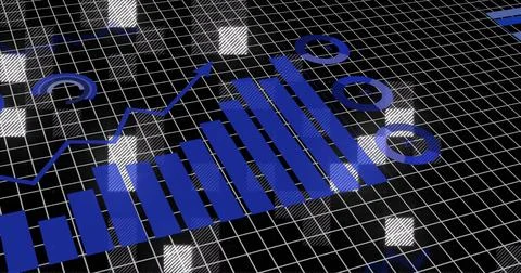 Displaying blue ascending bar chart with line arrow and ring markers on 3D grid Stock Illustration