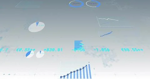 Displaying blue bar-and-line chart with markers on dashboard, showing pie charts Stock Illustration