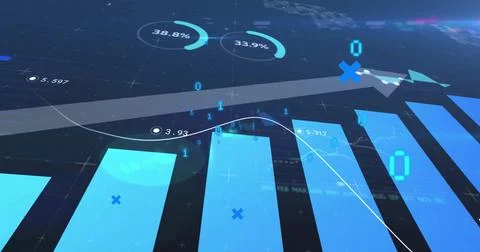 Displaying blue bar chart and line graph at dark grid plane, with binary and 스톡 사진