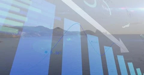 Displaying blue bar chart merging with downward arrow over coastal bay with Stock Photos