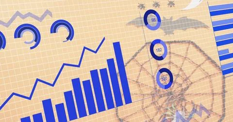 Displaying blue bar chart rising jagged line on beige grid, concentric rings  Foto stock