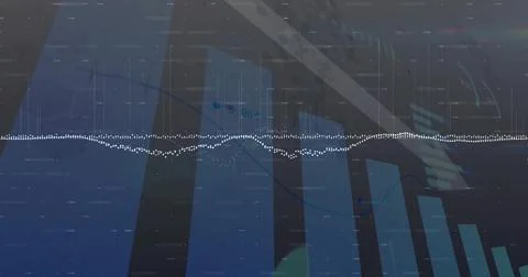 Displaying blue bar chart with white waveform, blue trend line, grid overlays Stock Illustration