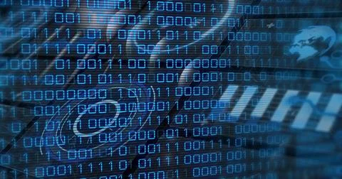 Displaying blue binary digits streaming on keyboard in cyber HUD, with keycaps, イラスト素材