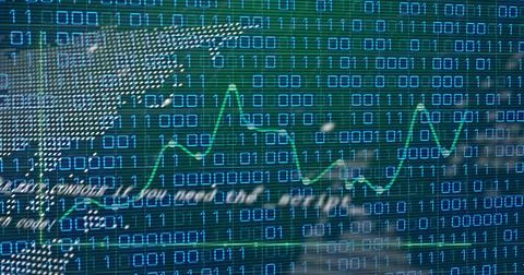 Displaying blue binary grid and neon green line chart on glossy screen in Stock Illustration