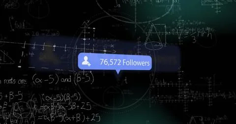 Displaying blue bubble reading 76,572 Followers on dark interface, user-add icon Stock Illustration