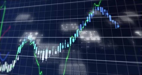 Displaying blue candlesticks rising and falling on navy 3D grid, with green 스톡 일러스트