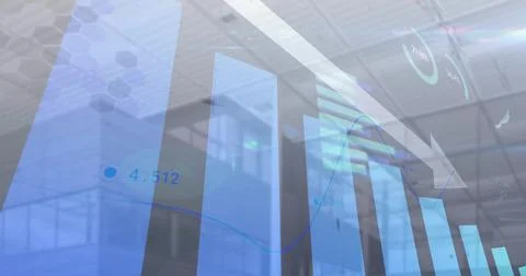 Displaying blue chart hovering over office windows with 3D bars, line, numeric 스톡 일러스트