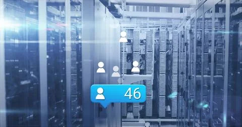 Displaying blue chat bubble showing white user icon with 46 in data center 写真素材