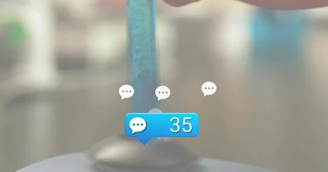 Displaying blue chat notification bubble showing 35 with clear rod and suction Stock Photos
