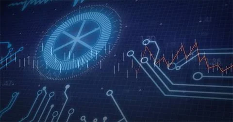 Displaying blue circular gauge on computer dashboard, with circuit traces and Stock Photos
