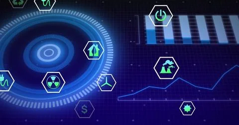 Displaying blue circular HUD element projecting data on digital dashboard, with Illustrazione stock