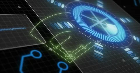 Displaying blue circular HUD over grid with green CPU icon, waveform, status 스톡 일러스트