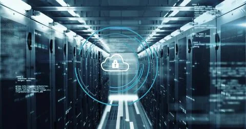 Displaying blue circular overlay with cloud lock icon in data center corridor Stock Photos