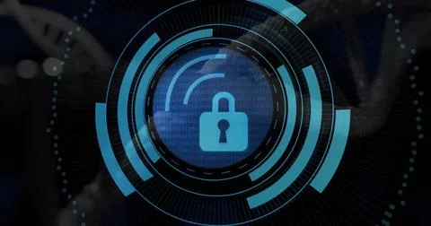 Displaying blue closed padlock icon spinning in ringed HUD at security 库存插图