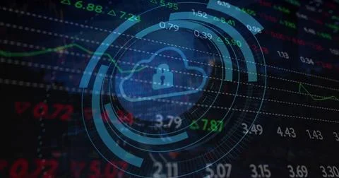 Displaying blue cloud padlock within circular HUD over market data, hooded Stock Photos