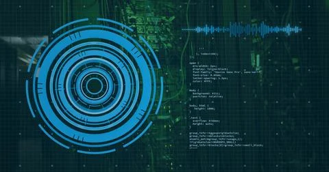 Displaying blue concentric HUD graphic scanning left side screen, with cyan w Stock Illustration