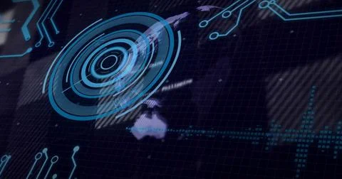 Displaying blue concentric HUD overlaying world map and circuit traces, on dark Stock Illustration