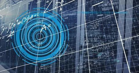 Displaying blue concentric interface in data center with server racks grid lines 스톡 사진