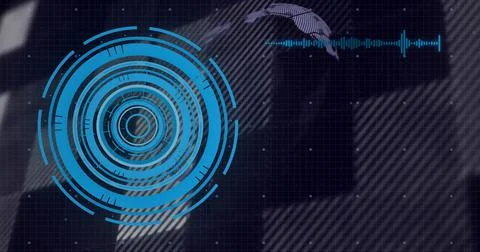 Displaying blue concentric interface on grid dashboard with waveform graph and Stock Photos