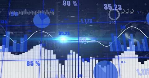 Displaying blue data dashboard on screen, showing vertical bar charts, line Stock Illustration