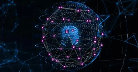 Displaying blue data globe with white network lines pulsing in cyberspace, with Stockillustratie