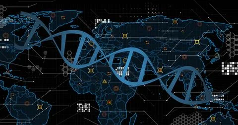 Displaying blue DNA double helix stretching across interface, with map outlines, 스톡 일러스트