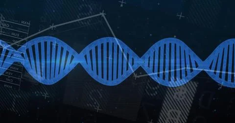 Displaying blue DNA double helix spanning center of digital display, showing Illustrazione stock