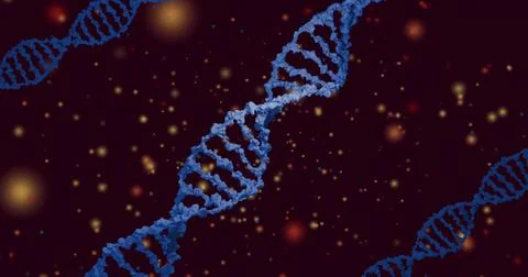 Displaying blue DNA double helix rotating in digital cosmic biotech Stock Illustration