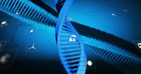 Displaying blue DNA double helix glowing in virtual 3D visual, showing floating イラスト素材