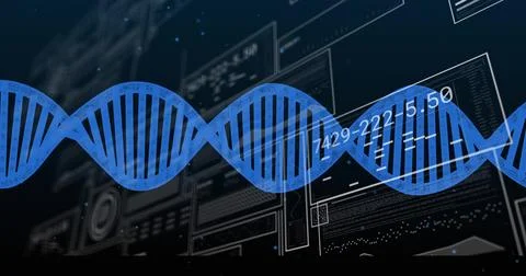 Displaying blue DNA double-helix sliding across virtual lab dashboard, showing Stockillustratie