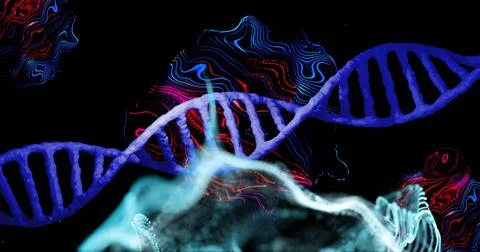 Displaying blue DNA double helix undulating across black field, emitting neon Stock Illustration