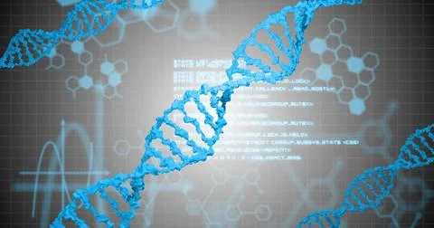 Displaying blue DNA helix rotating across gray grid, showing hexagon motifs, ECG Illustration