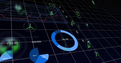 Displaying blue donut chart hovering at center in data dashboard, with pie Stock Photos