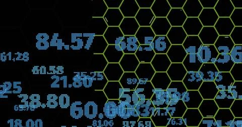 Displaying blue dot-matrix numeric clusters intersecting green hexagonal grid on Stock Illustration