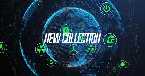 Displaying blue dotted globe with NEW COLLECTION overlay on network backdrop, 写真素材
