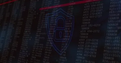 Displaying blue dotted shield with padlock overlay on monitor at security Illustrazione stock